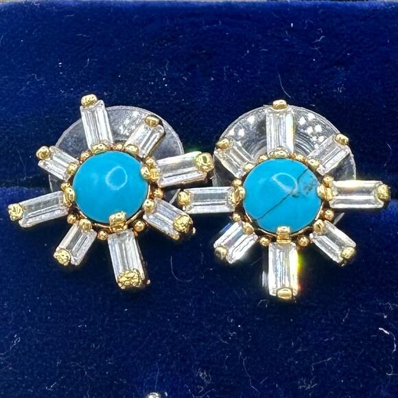 925 sterling silver gold plated clear cubic zirconia baguette turquoise earrings - Picture 1 of 8